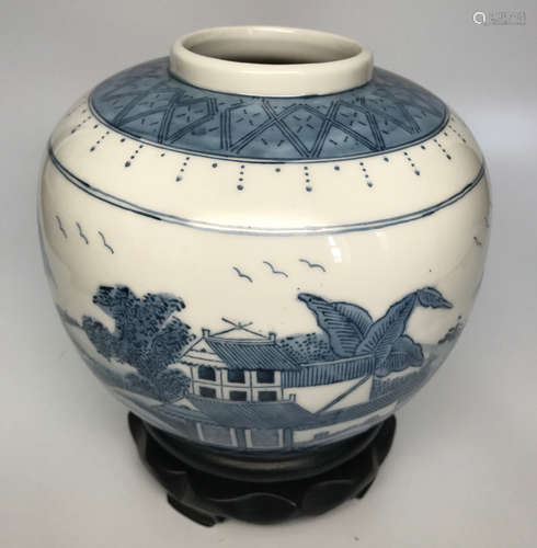 17-19TH CENTURY, A LANDSCAPE PATTERN BLUE&WHITE WAX GOURD SHAPE POT, QING DYNASTY