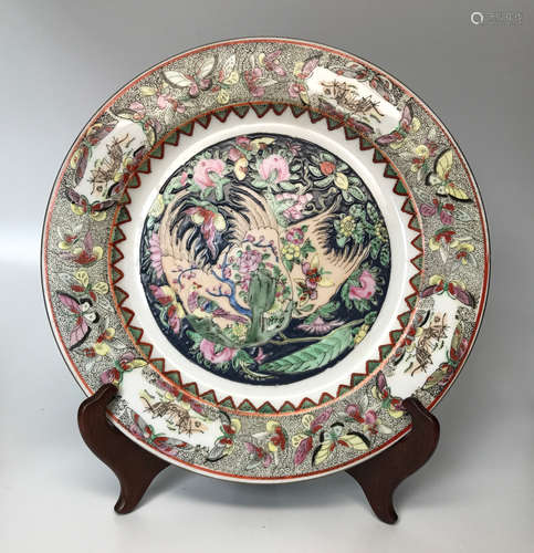 A BUTTERFLY PATTERN CANTON ENAMEL PLATE