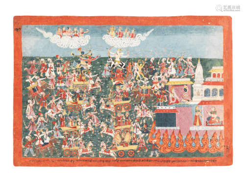 A large painting from a Bhagavata Purana series, depicting the battle of the Gods, with Vishnu riding on Garuda, Siva on the bull, outside a burning city, Brahma, Indra and other gods observing from the clouds Nepal, late 18th Century