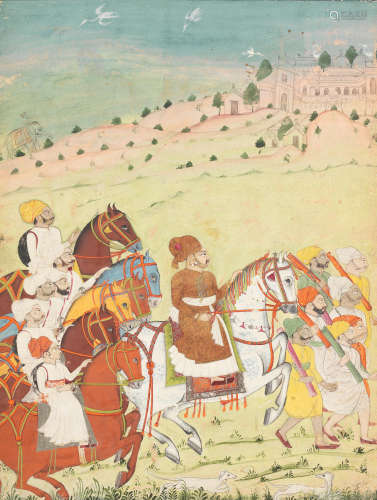 A Thakur on horseback with a retinue of mounted noblemen and attendants on foot, riding through a landscape, a palace in the distance Bikaner, circa 1800