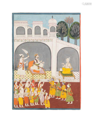 An illustration to the Ramayana: Vashist Muni in conversation with King Dashartha Garhwal, circa 1800