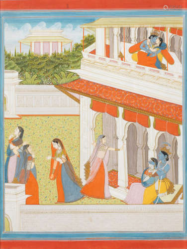 Radha and Krishna play at games of love outside a pavilion on a palace terrace, perhaps an illustration to a Rasikapriya series Pahari, circa 1820-30
