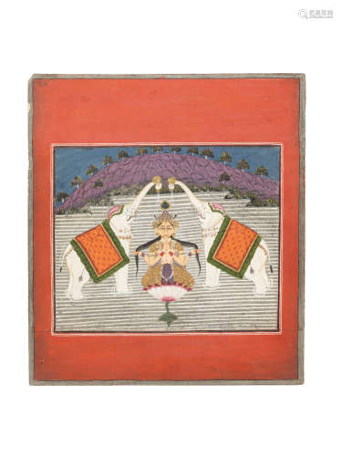 Gajalakshmi: the Goddess Lakshmi seated on a lotus being lustrated by two elephants Kotah, circa 1800