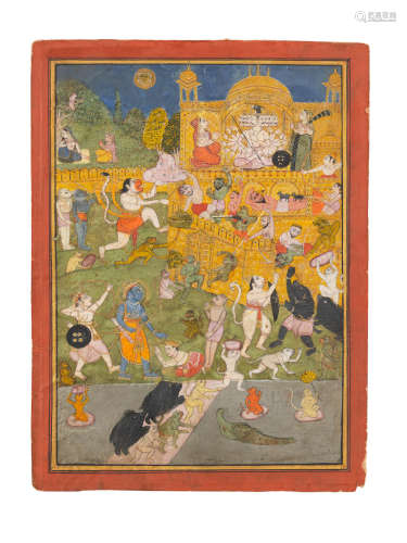 An illustration to the Ramayana, depicting the monkey army under the command of Rama attacking Ravana and his demon followers in a fortress Jodhpur, 18th Century