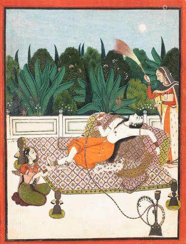 A maiden reclining languorously on a bed on a terrace, smoking a hookah, with two female attendants, perhaps an illustration to the story of Madhavanala and Kamakandala Bundi, circa 1780