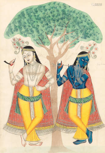 (6) Six Kalighat paintings, depicting Hindu mythological and domestic genre subjects Calcutta, circa 1860-70