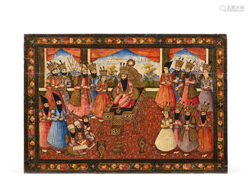 A painted lacquer panel depicting Fath 'Ali Shah Qajar seated on the Peacock Throne, surrounded by courtiers on a palace terrace Persia, mid 19th Century