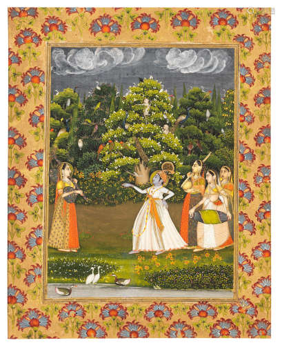 Vasanta Ragini: Krishna dancing before Radha, female musicians standing by Provincial Mughal, probably Oudh, circa 1780