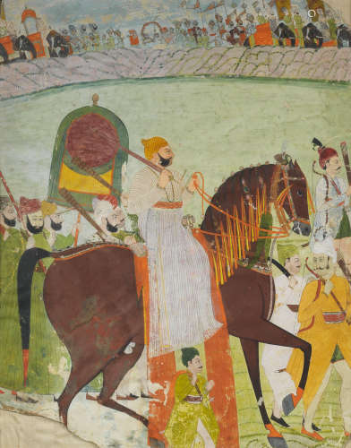 A ruler, possibly Rao Indrajit of Orccha (reg. 1733-62), on horseback in an extensive procession with attendants Provincial Mughal, Datia, circa 1750