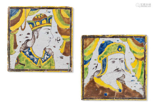 (2) Two late Safavid cuerda seca pottery tiles depicting characters from Firdausi's Shahnama Persia, 18th Century