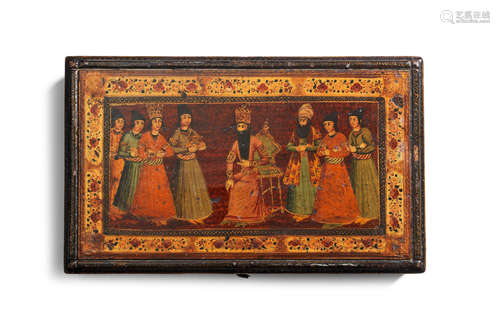 A set of portable merchant's weights and scales in a painted lacquer box, the lid depicting Fath 'Ali Shah Qajar enthroned with courtiers Persia, 19th Century