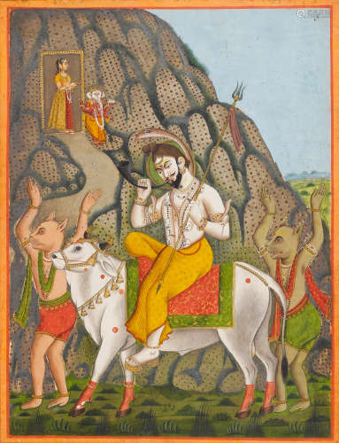 Shiva riding on Nandi in a landscape with two demons, Parvati and Ganesh on a mountainside beyond Provincial Mughal, Bengal, late 18th Century
