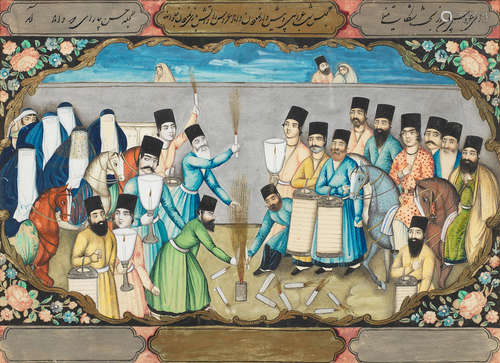 (6) Six Qajar paintings depicting preparations before a wedding, the ceremony, and its aftermath Persia, second half of the 19th Century