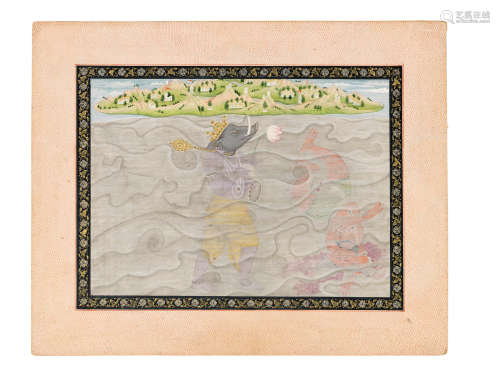 An illustration to a dashavatara series: Varaha Avatar, the boar incarnation of Vishnu battling the demon Hiranyaksha in the cosmic ocean Mandi, circa 1810-1820