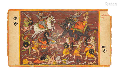 An illustration from a Bhagavata Purana series: Indra and other gods in battle with Bali and a demon army Guler, circa 1820