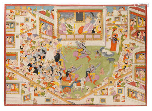 An Illustration from a Mahabharata Series: Arjuna demonstrates his martial prowess in a tournament School of Purkhu, Kangra, circa 1820-30