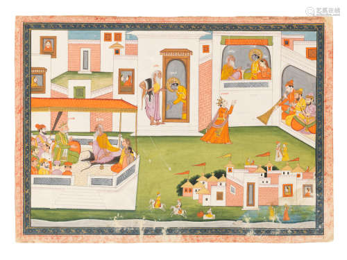 An illustration to the Ramayana: The Sage Vishvamitra Requests from King Dasharatha the Assistance of His Son Rama Kangra, circa 1800