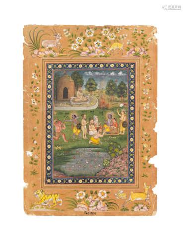 An illustrated leaf from a Ramayana series depicting Rama, Sita and Laksmana in the forest with ascetics, Rama killing a demon and a sage in a hermitage, perhaps Bharadvaja Provincial Mughal, Lucknow, circa 1825