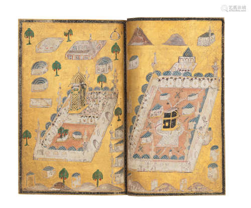 Al-Jazuli, Dala'il al-Khayrat wa shawariq al-anwar, a finely illuminated copy, with a double-page illustration of the holy cities of Mecca and Medina, and a hilyeh of the Prophet, and other prayers including the Names of God, copied by Muhammad, a pupil of Husain, better known as Khifaf-zadeh Ottoman Turkey, dated AH 1159/AD 1746-47