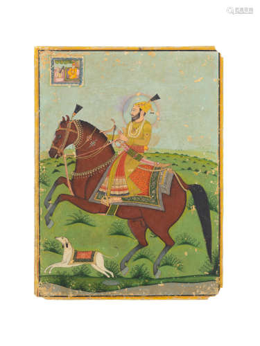 Guru Gobind Singh, the tenth Sikh Guru, on horseback in a landscape, a hound running alongside him, with an unusual small inset scene depicting Guru Nanak with the minstrel Mardana Punjab Plains, circa 1830