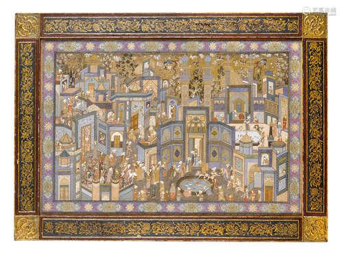 The Call to Prayer, a large painting depicting scenes of city life, signed by Hajji Mirza Husain al-Mussavar al-Maleki Persia, Isfahan, dated AH 1349/AD 1930