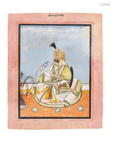 Rajah Suchet Singh (1801-1844), brother of Gulab Singh and Dhian Singh, seated on a terrace smoking a hookah Punjab, circa 1840