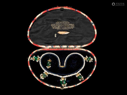 An important emerald and seed-pearl Necklace from the Lahore Treasury, worn by Maharani Jindan Kaur (1817-63), wife of Ranjit Singh, the Lion of the Punjab (1780–1839)  Lahore, first half of the 19th Century