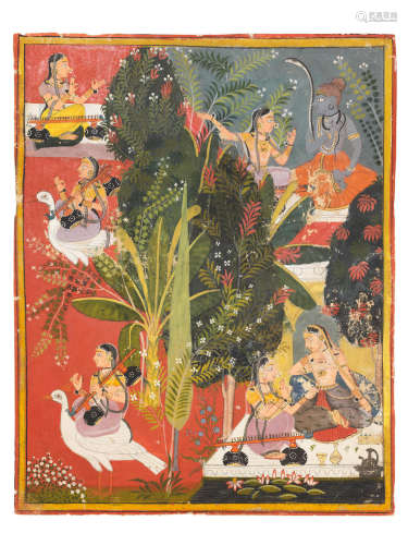 An illustration to the life of Shiva: Shiva in a grove conversing with Sarasvati Mewar, circa 1625-50