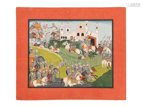 An illustration to the Mahabharata, depicting cavalry in action outside the walls of a palace Pahari, Kangra, circa 1840