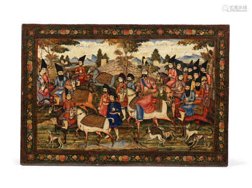 A painted lacquer panel depicting Nasr al-Din Shah Qajar hunting with an extensive retinue Persia, second half of the 19th Century