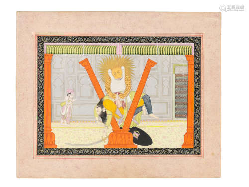 An illustration to a dashavatara series: Narasimha Avatar, Vishnu in his incarnation as the man-lion disembowelling the demon Hiranyakashipu Mandi, circa 1810-1820