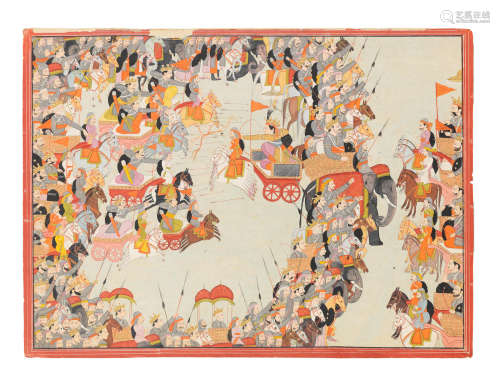 An illustration from a Mahabharata series, depicting a battle scene in which Karna, one of the Pandahava brothers, clashes with Pradyumna, son of Krishna and Rukmini Kangra, circa 1820