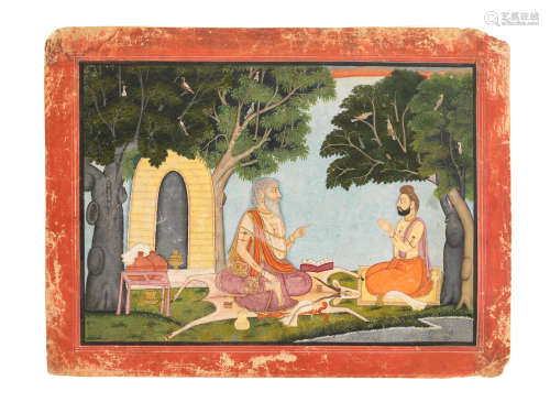 An illustration from a Markendeya Purana series: Jaimini questioning the sage Markandeya Mahamuni at a hermitage Kangra, circa 1770-80