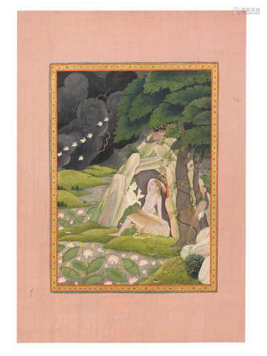 A scene from the Ramayana: Rama pining after Sita in a forest cave, consoled by Lakshmana Kangra,  circa 1820