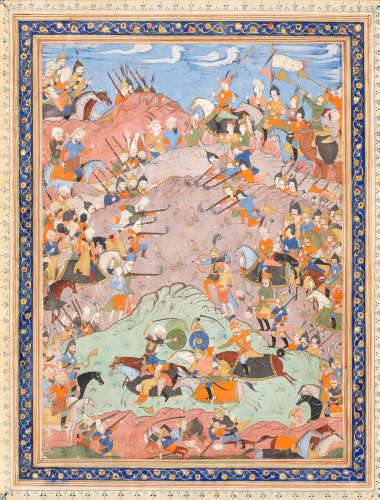 An unusually large leaf from a dispersed manuscript of Firdausi's Shahnama, depicting a battle between the Iranians and the Turanians, the armies facing each other on the slopes of a rocky hillside, wearing contemporary Ottoman and Safavid military dress and using firearms Safavid Persia or Ottoman Turkey, late 16th/early 17th Century and later