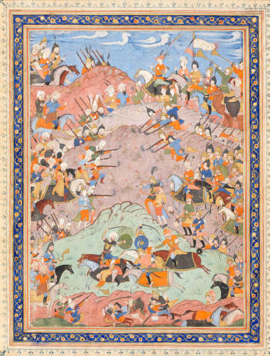 An unusually large leaf from a dispersed manuscript of Firdausi's Shahnama, depicting a battle between the Iranians and the Turanians, the armies facing each other on the slopes of a rocky hillside, wearing contemporary Ottoman and Safavid military dress and using firearms Safavid Persia or Ottoman Turkey, late 16th/early 17th Century and later
