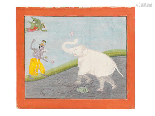 Gajendra Moksha: the liberation of Gajendra, depicting Vishnu coming to the rescue of the elephant king who is being attacked by a makara Kangra, circa 1830