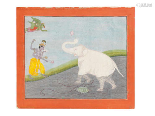 Gajendra Moksha: the liberation of Gajendra, depicting Vishnu coming to the rescue of the elephant king who is being attacked by a makara Kangra, circa 1830