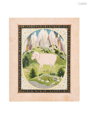 A giant ram in a mountainous landscape, fires in the distance, a gaddi tending his herd in the foreground Kangra, circa 1815