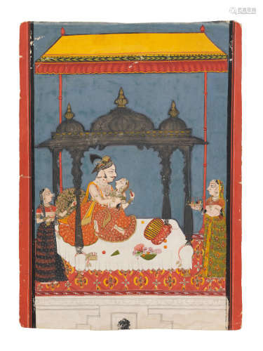 Raja Ari Singh (reg. 1762-1772) in his youth embracing his mistress within a pavilion on a palace terrace, with female servants in attendance Mewar, circa 1762