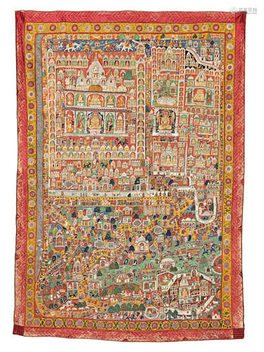 A Jain pilgrimage painting (Tirtha Pata) map of the sacred site Shatrunjaya Gujarat, late 19th Century