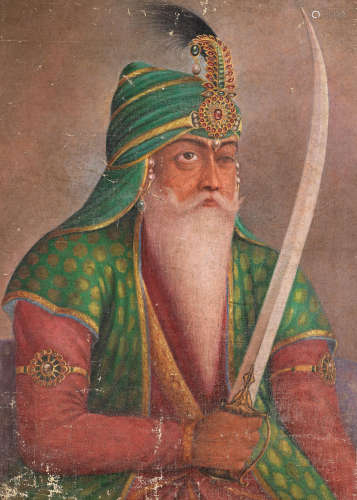 Maharajah Ranjit Singh (reg. 1801-1839), brandishing a sword and wearing a sarpech North India, late 19th/ early 20th Century