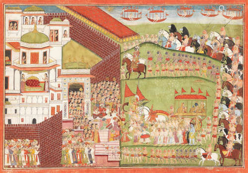 A scene from the Ramayana: Rama and Sita's return to Ayodhya Jodhpur, mid/late 18th Century