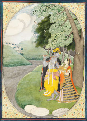 Krishna plays the flute for Radha by a riverbank Kangra, 1820-30