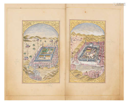 Al-Jazuli, Dala'il al-Khayrat wa shawariq al-anwar, a lithographed copy of the well-known prayer book, with two painted views of Mecca and Medina, printed by Mehmed Said, after an original manuscript copied by Khalil Shukri Efendi Ottoman Turkey, dated the beginning of Sha'ban 1260/August 1844
