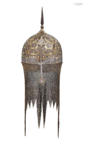 A Qajar gold-damascened steel helmet (khula-khud) Persia, 19th Century