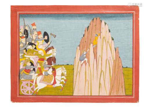 A painting from a Bhagavata Purana series: Krishna and Balarama flee from the army of King Kalayavana Guler, circa 1760
