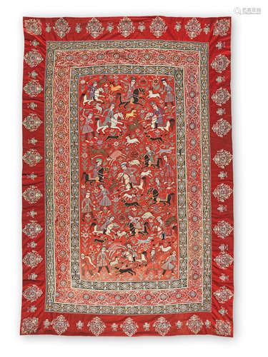 A Qajar embroidered and appliqué wool Resht Panel depicting Shah Abbas hunting Persia, 19th Century