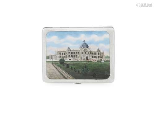 (2) An enamelled silver cigarette case depicting the Jagatjit Palace and the insignia of Jagatjit Singh of Kapurthala (Reg. 1872-1949) London, dated 1910