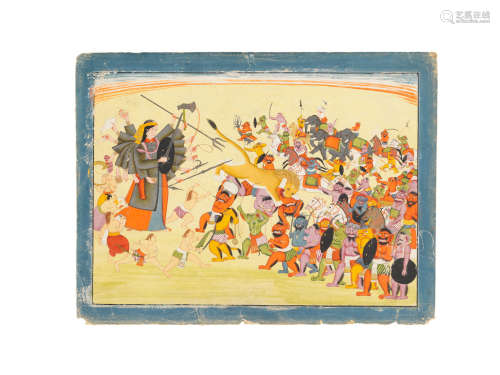 An illustration from a Devi Mahatmya series: Devi in combat with an army of demons Kangra, circa 1820